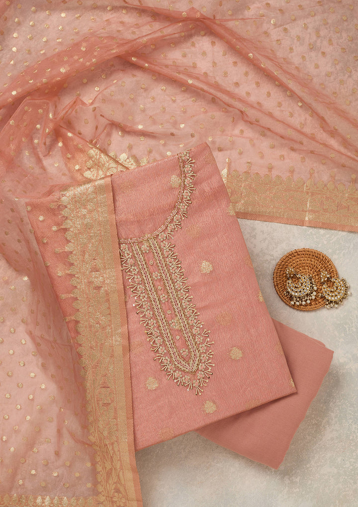 Peach Tissue Pearlwork Unstitched Dress Material With Matching Bottom And Dupatta