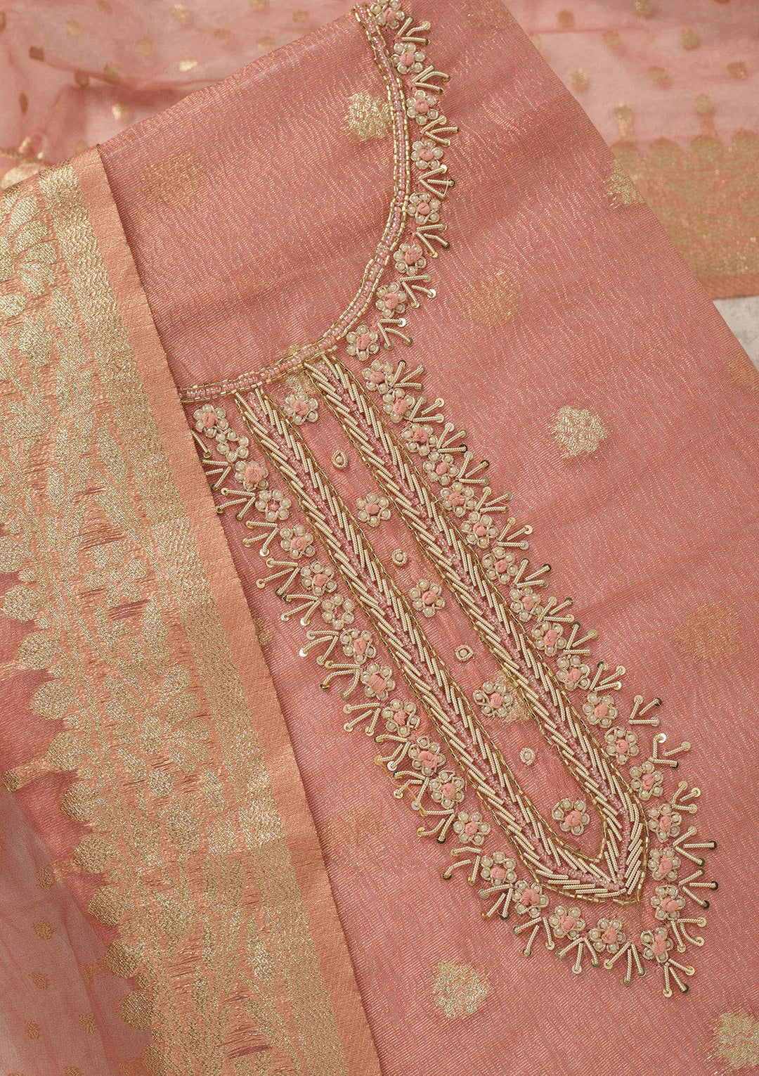 Peach Tissue Pearlwork Unstitched Dress Material With Matching Bottom And Dupatta