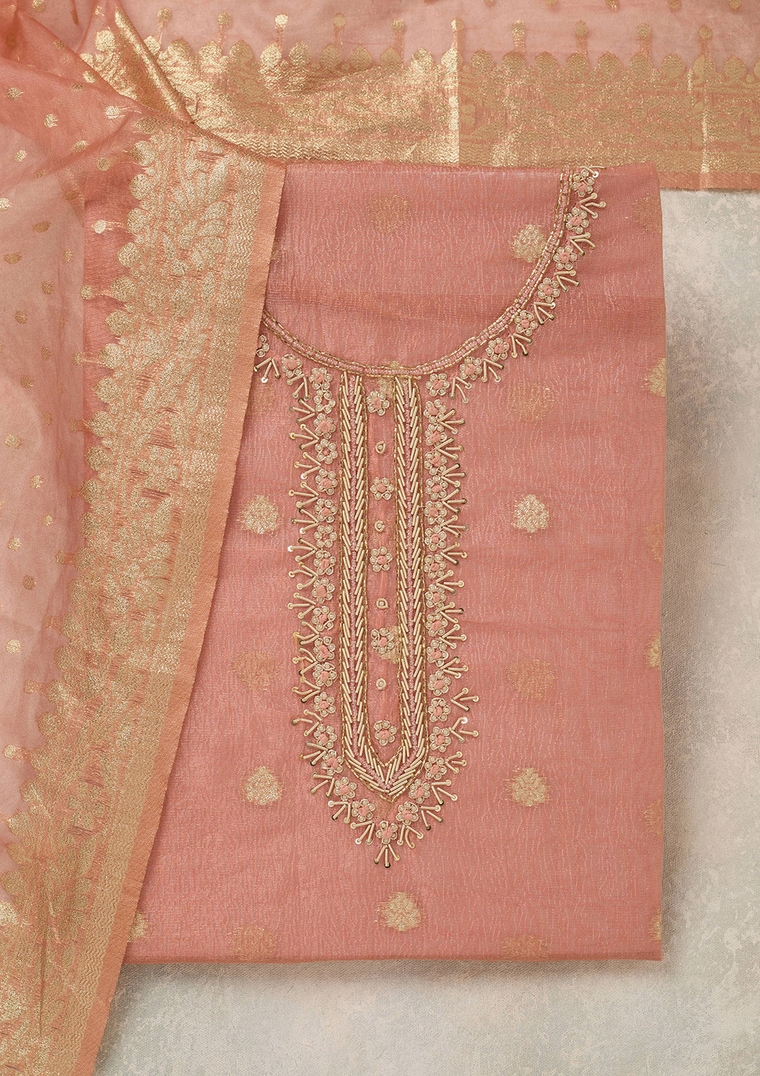 Peach Tissue Pearlwork Unstitched Dress Material With Matching Bottom And Dupatta