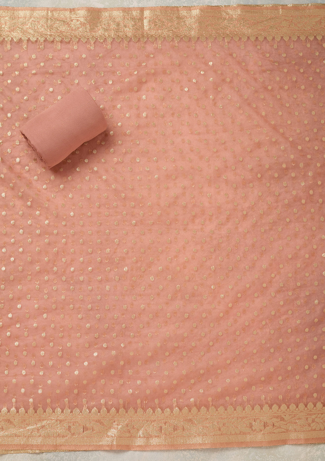 Peach Tissue Pearlwork Unstitched Dress Material With Matching Bottom And Dupatta