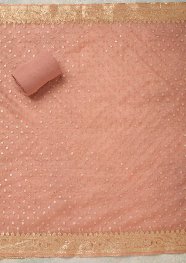 Peach Tissue Pearlwork Unstitched Dress Material With Matching Bottom And Dupatta