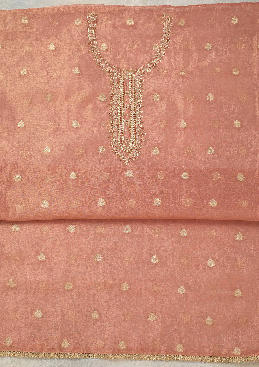 Peach Tissue Pearlwork Unstitched Dress Material With Matching Bottom And Dupatta