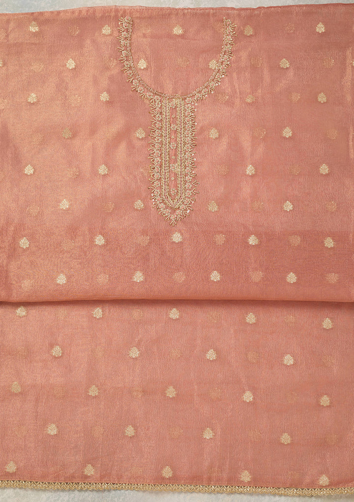 Peach Tissue Pearlwork Unstitched Dress Material With Matching Bottom And Dupatta