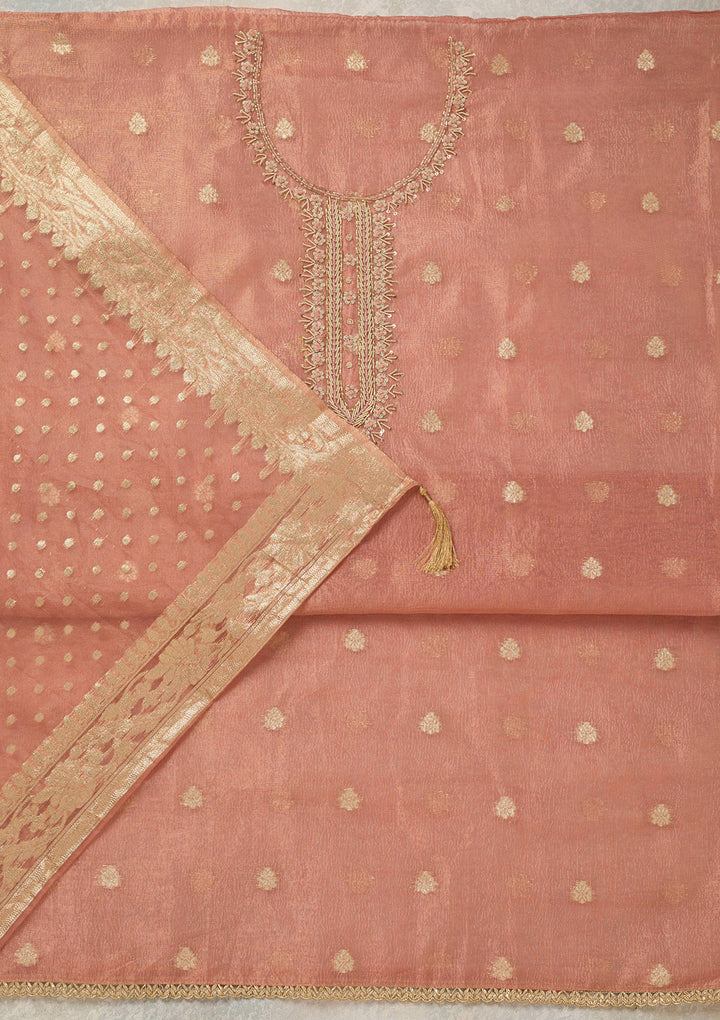 Peach Tissue Pearlwork Unstitched Dress Material With Matching Bottom And Dupatta