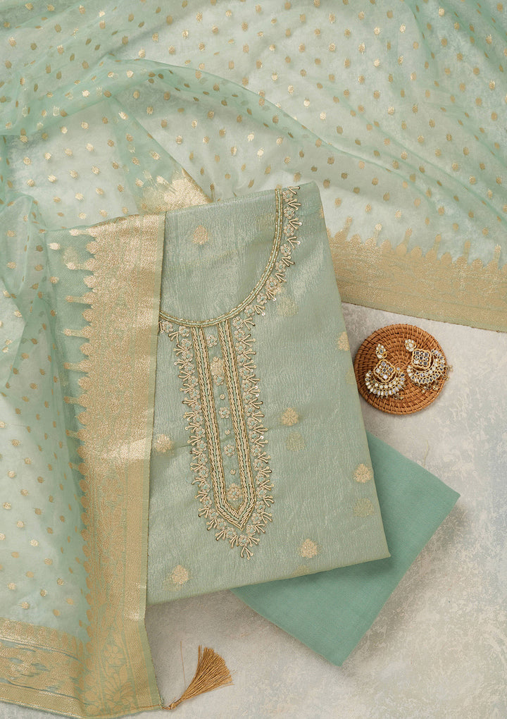 Sea Green Tissue Pearlwork Unstitched Dress Material With Matching Bottom And Dupatta