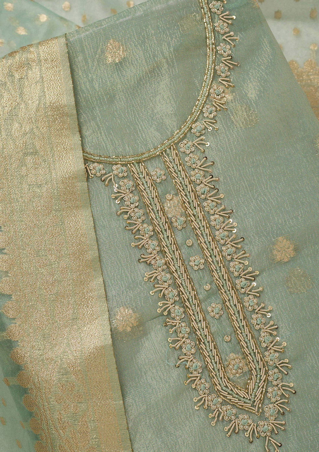 Sea Green Tissue Pearlwork Unstitched Dress Material With Matching Bottom And Dupatta