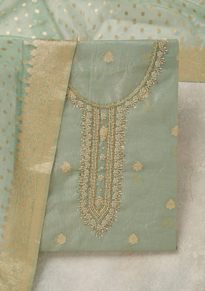 Sea Green Tissue Pearlwork Unstitched Dress Material With Matching Bottom And Dupatta