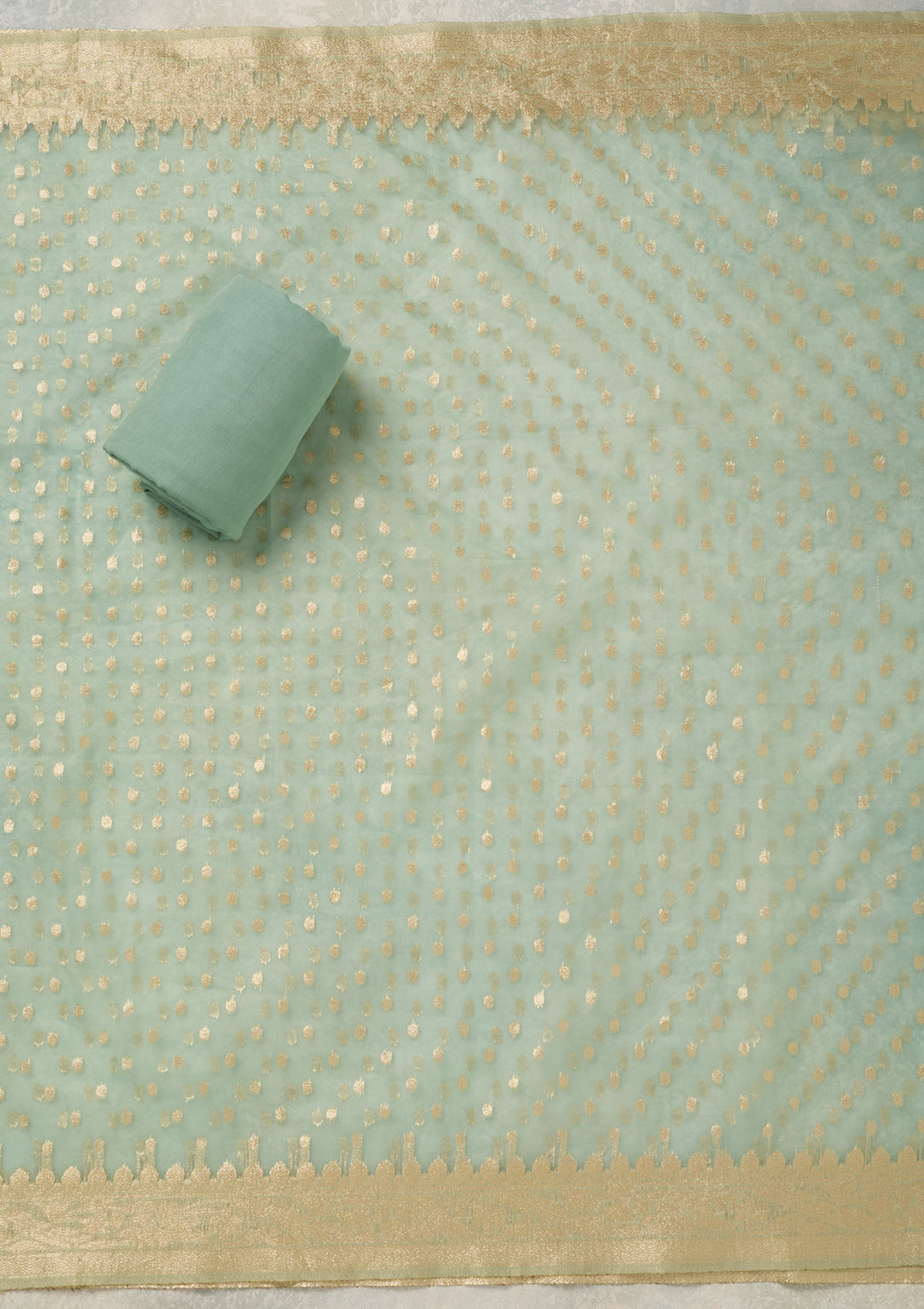 Sea Green Tissue Pearlwork Unstitched Dress Material With Matching Bottom And Dupatta