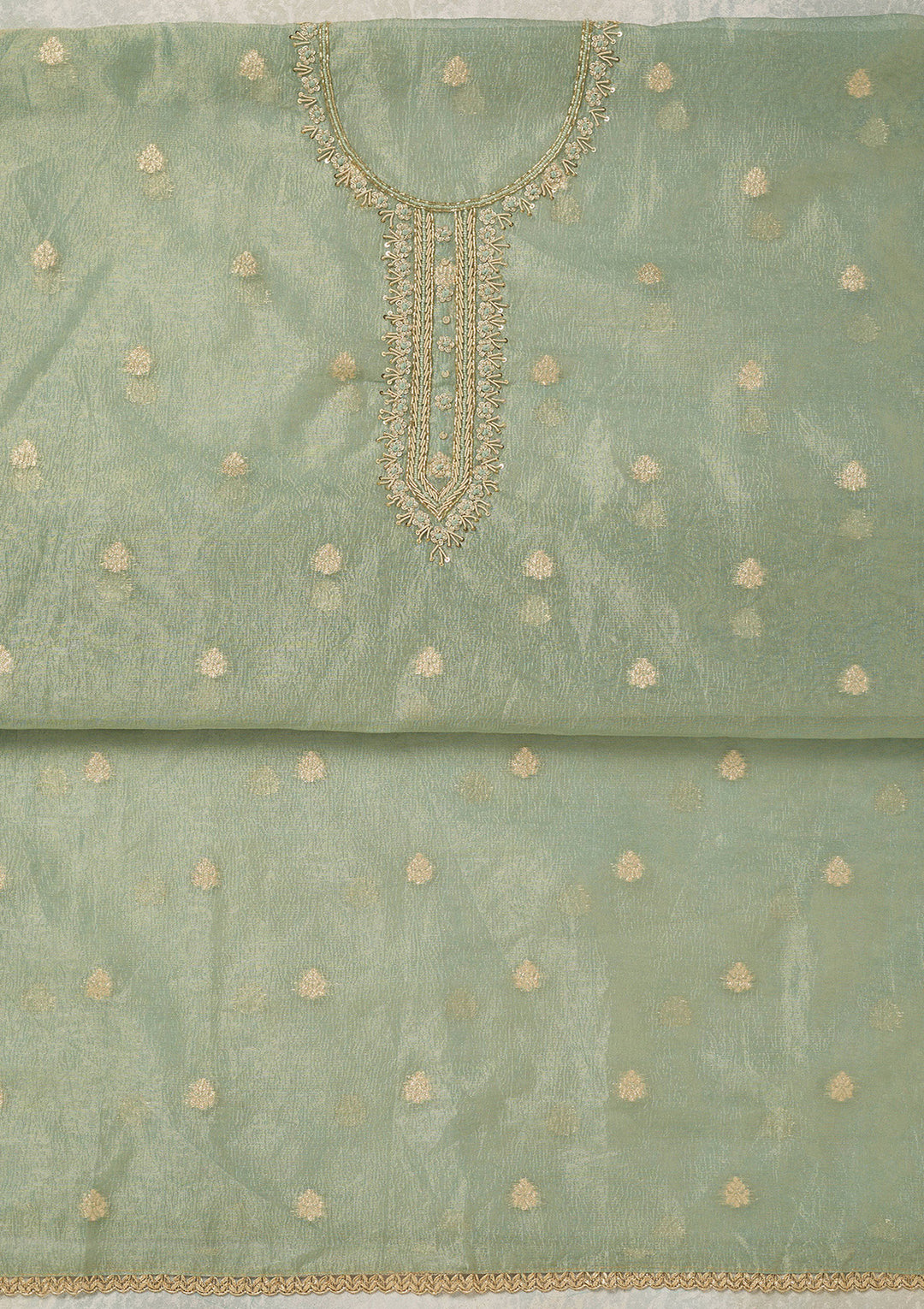 Sea Green Tissue Pearlwork Unstitched Dress Material With Matching Bottom And Dupatta