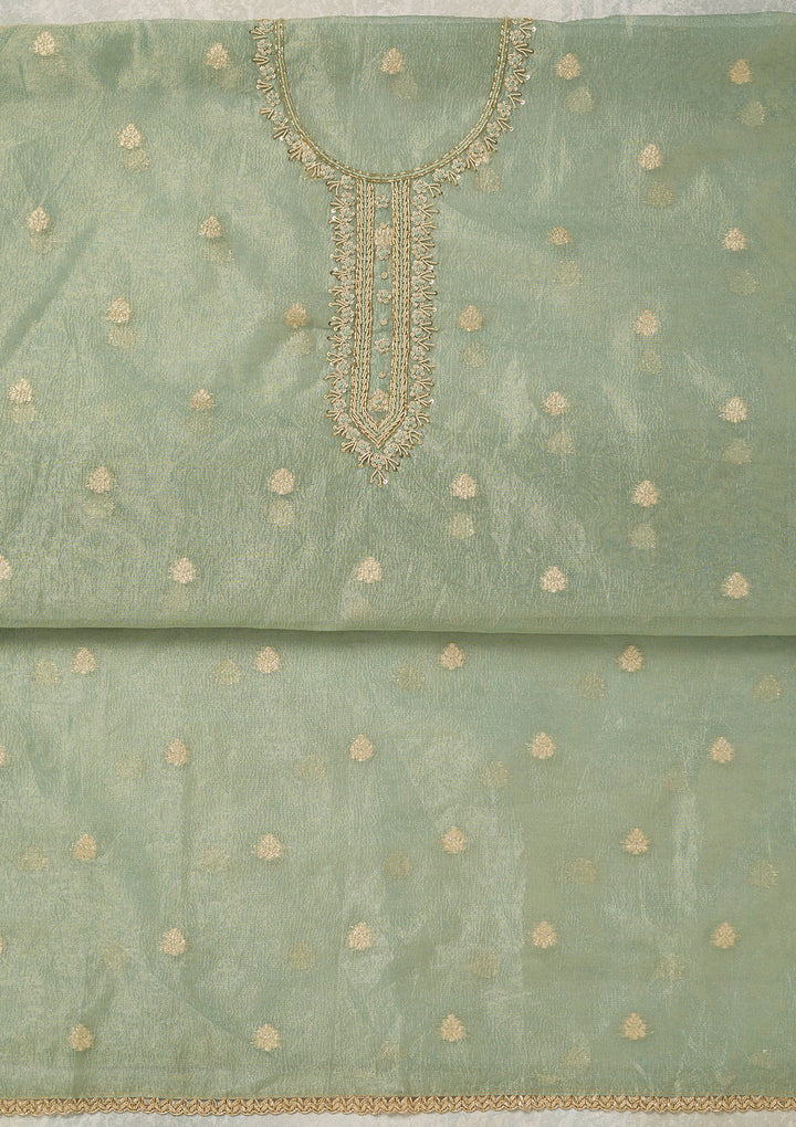 Sea Green Tissue Pearlwork Unstitched Dress Material With Matching Bottom And Dupatta