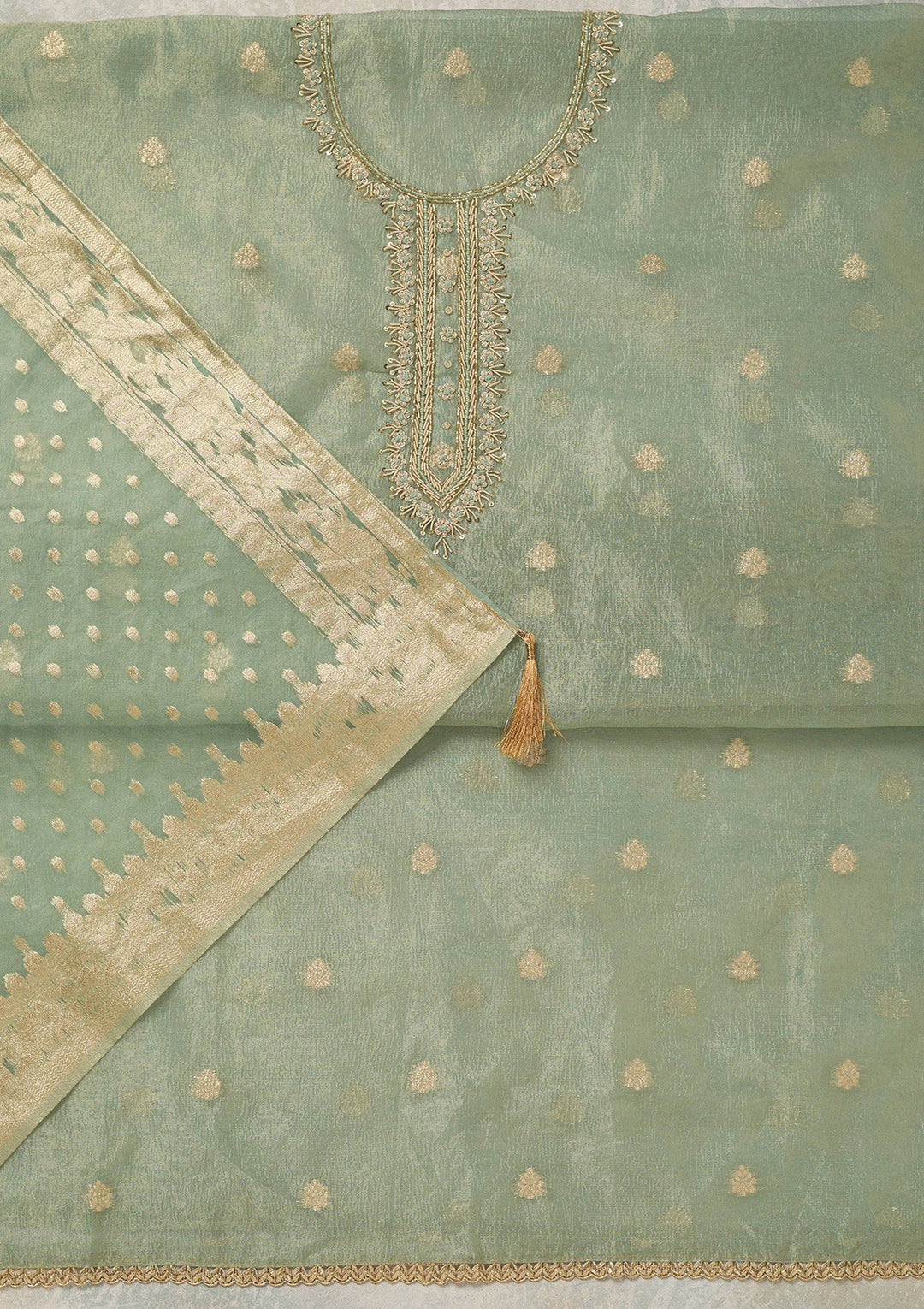 Sea Green Tissue Pearlwork Unstitched Dress Material With Matching Bottom And Dupatta
