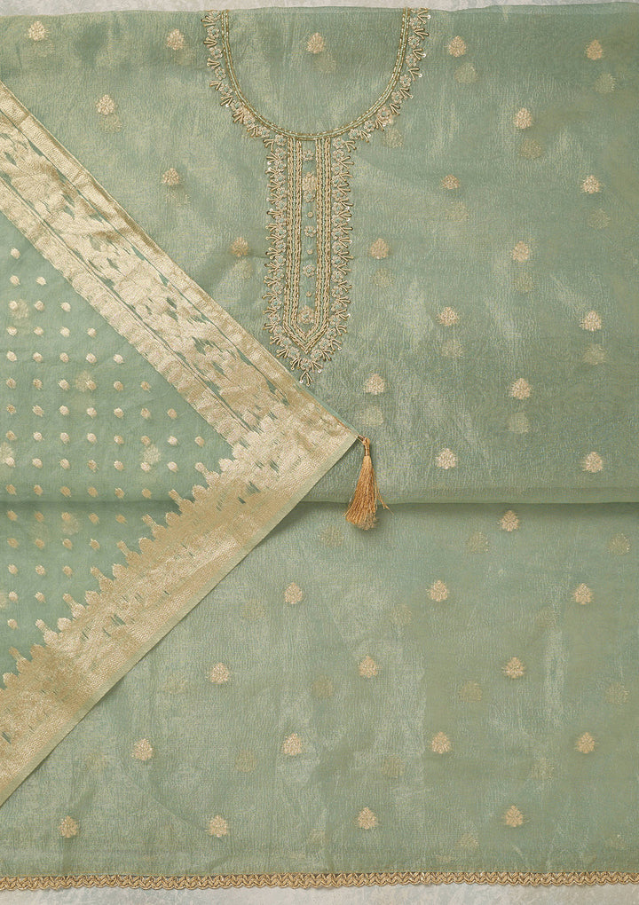 Sea Green Tissue Pearlwork Unstitched Dress Material With Matching Bottom And Dupatta