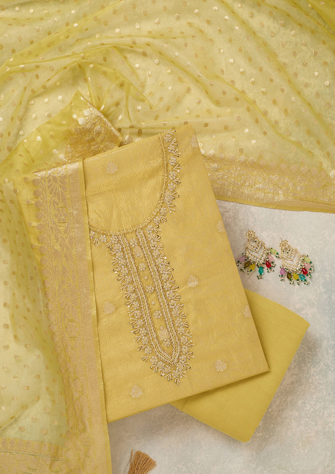 Yellow Tissue Pearlwork Unstitched Dress Material With Matching Bottom And Dupatta