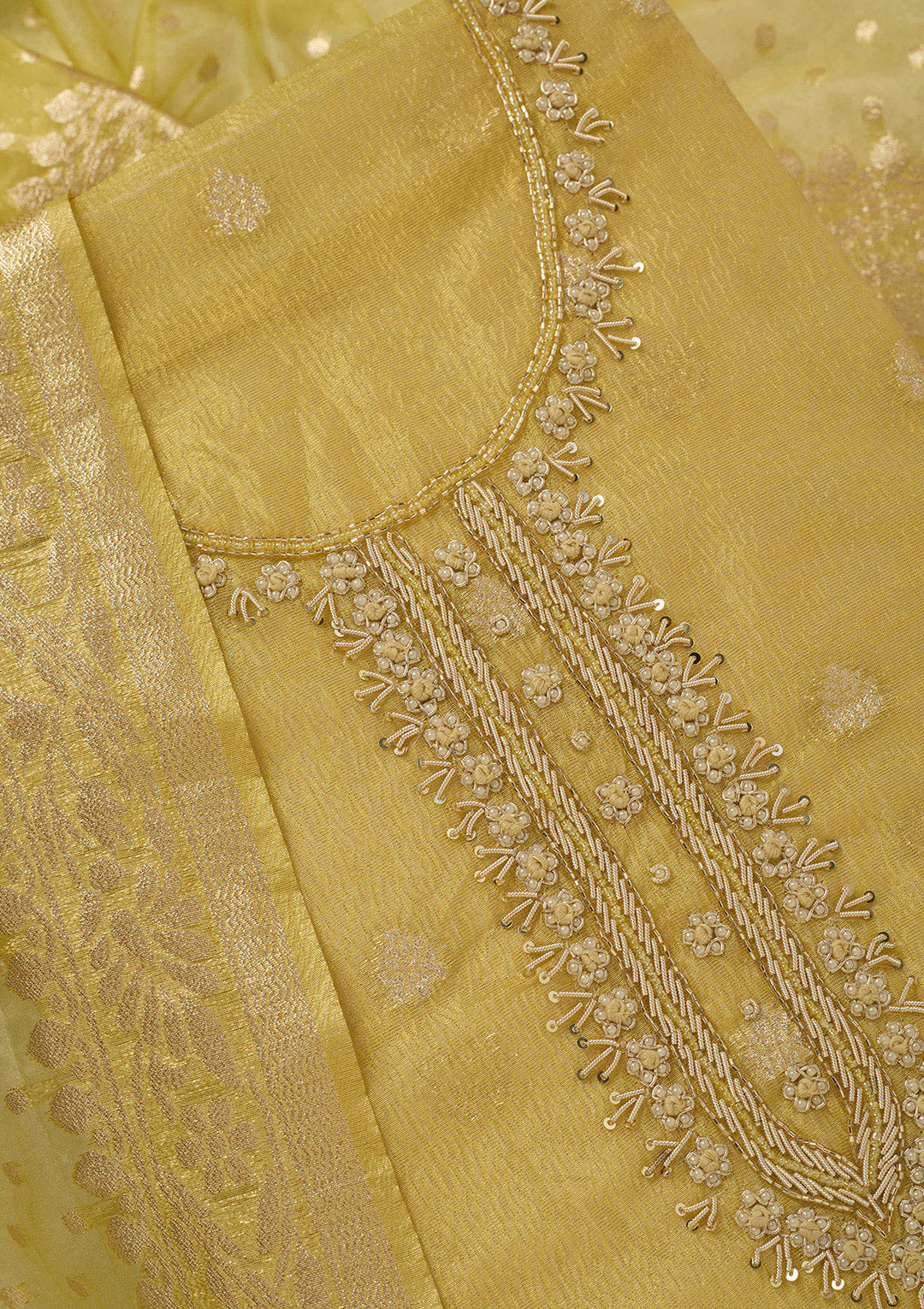 Yellow Tissue Pearlwork Unstitched Dress Material With Matching Bottom And Dupatta