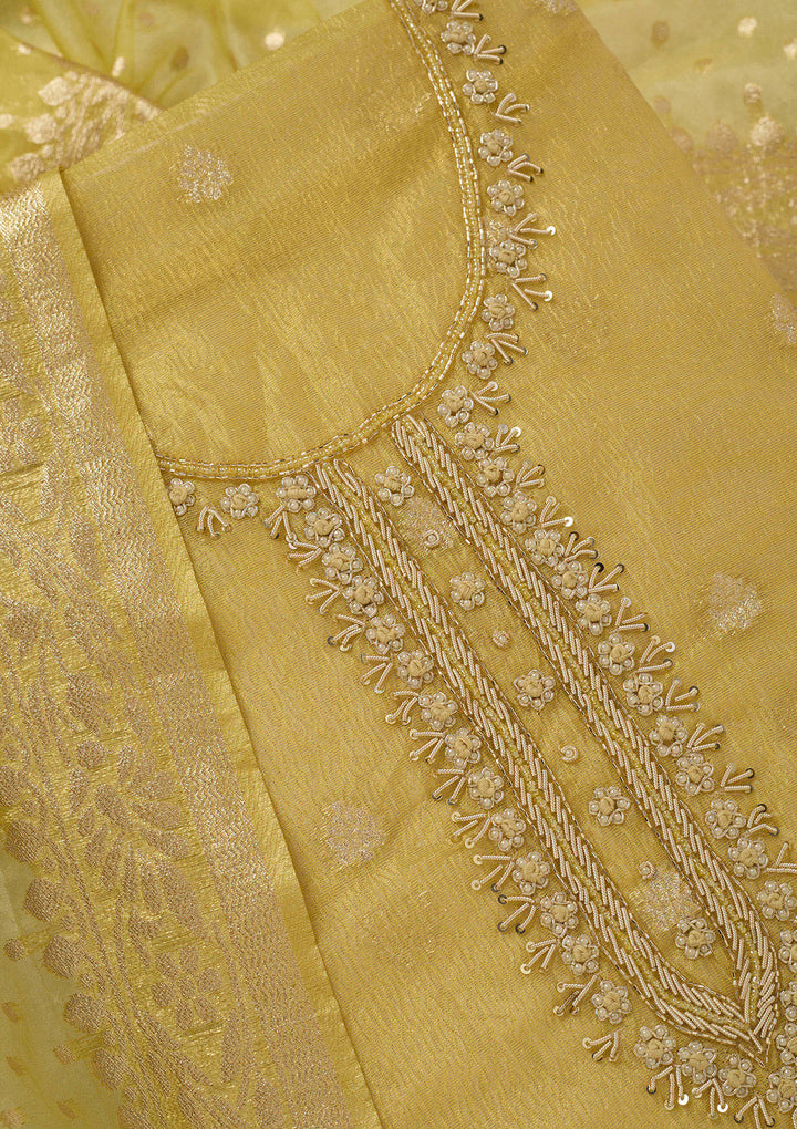 Yellow Tissue Pearlwork Unstitched Dress Material With Matching Bottom And Dupatta