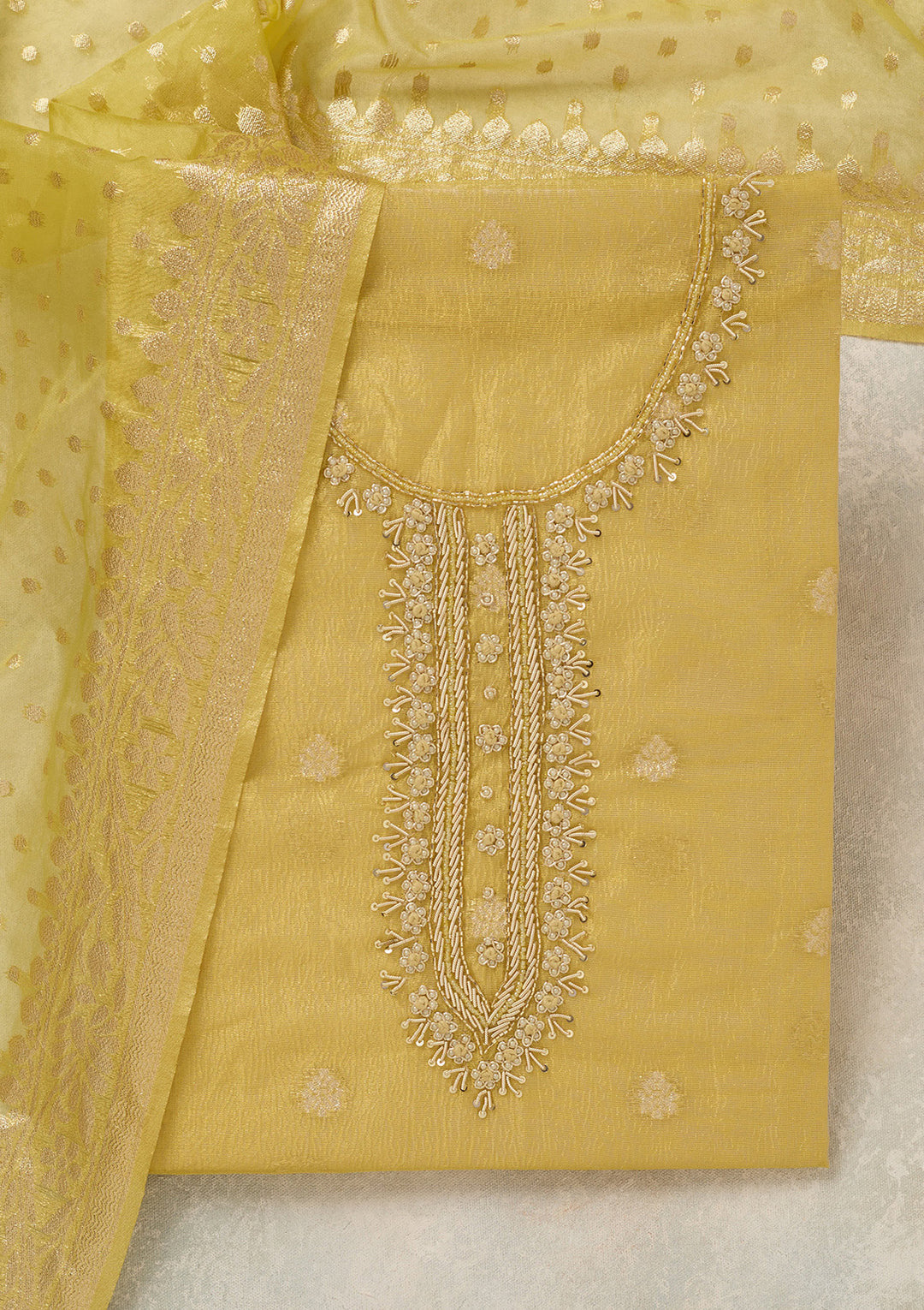 Yellow Tissue Pearlwork Unstitched Dress Material With Matching Bottom And Dupatta