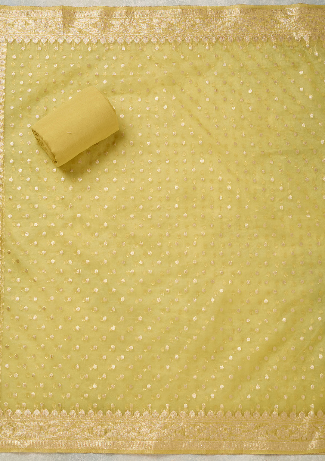 Yellow Tissue Pearlwork Unstitched Dress Material With Matching Bottom And Dupatta