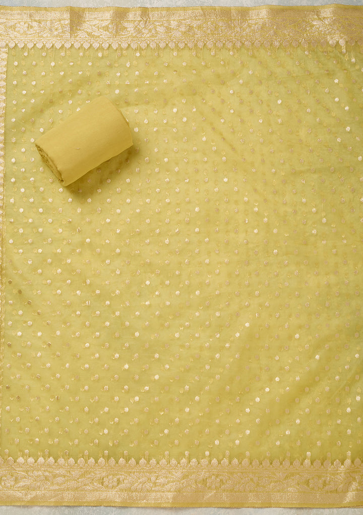 Yellow Tissue Pearlwork Unstitched Dress Material With Matching Bottom And Dupatta