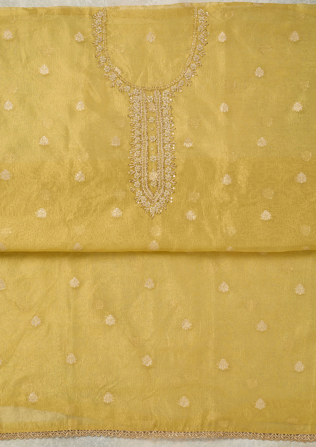 Yellow Tissue Pearlwork Unstitched Dress Material With Matching Bottom And Dupatta