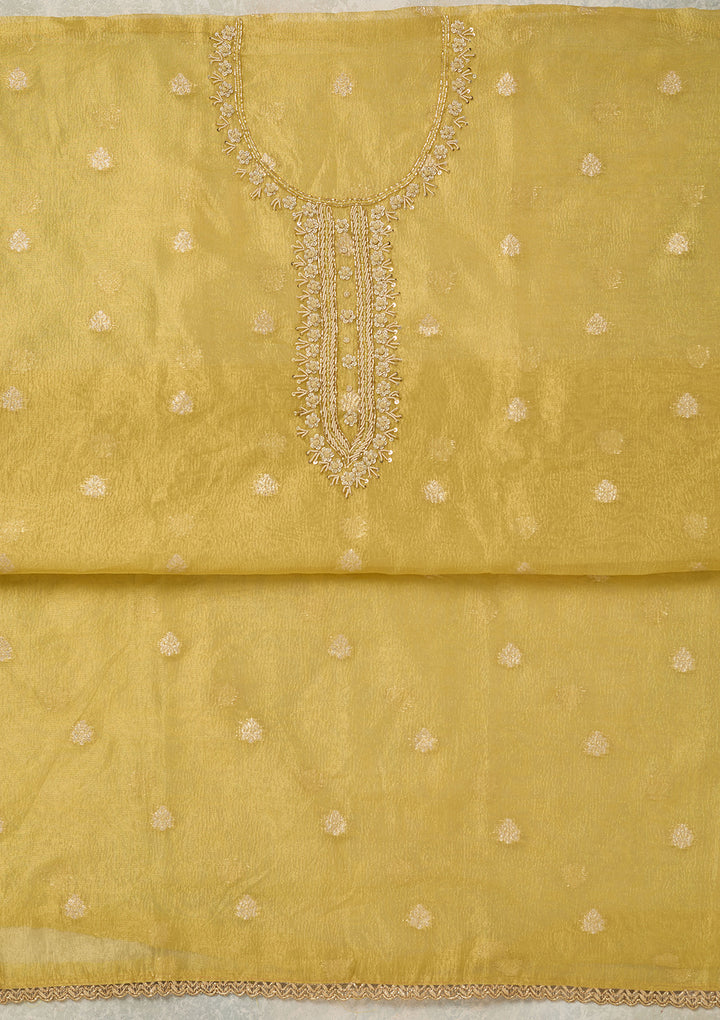 Yellow Tissue Pearlwork Unstitched Dress Material With Matching Bottom And Dupatta