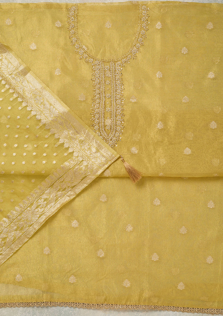 Yellow Tissue Pearlwork Unstitched Dress Material With Matching Bottom And Dupatta