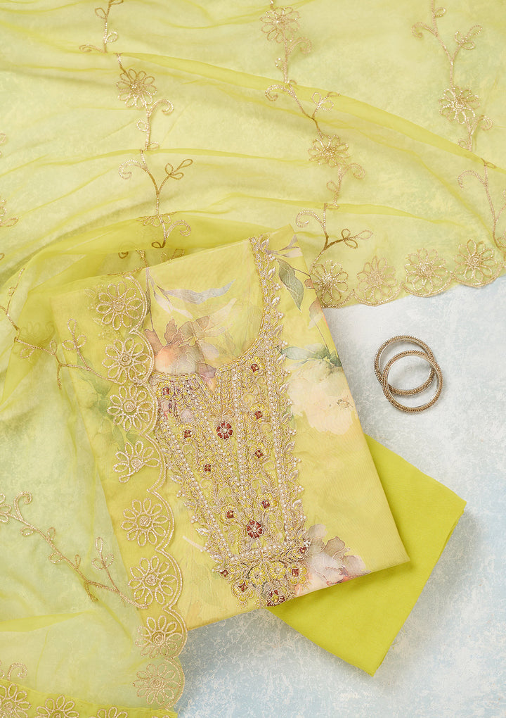 Parrot Green Organza Floral Gold Zariwork Unstitched Dress Material With Matching Bottom And Dupatta