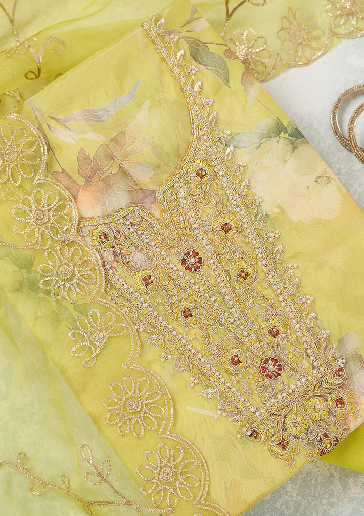 Parrot Green Organza Floral Gold Zariwork Unstitched Dress Material With Matching Bottom And Dupatta