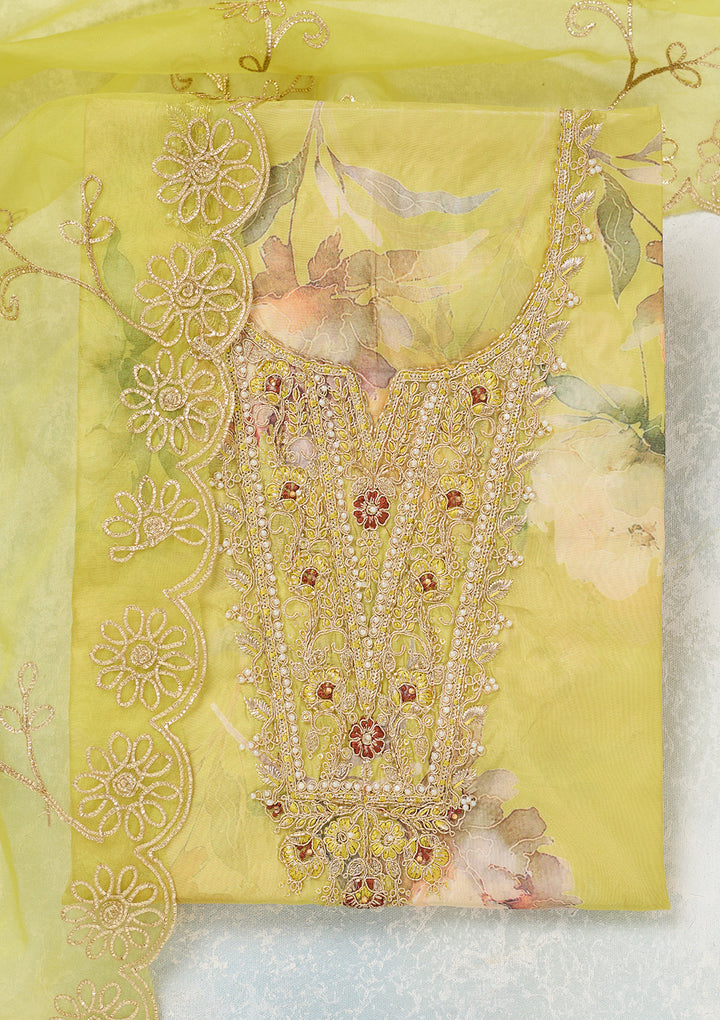 Parrot Green Organza Floral Gold Zariwork Unstitched Dress Material With Matching Bottom And Dupatta