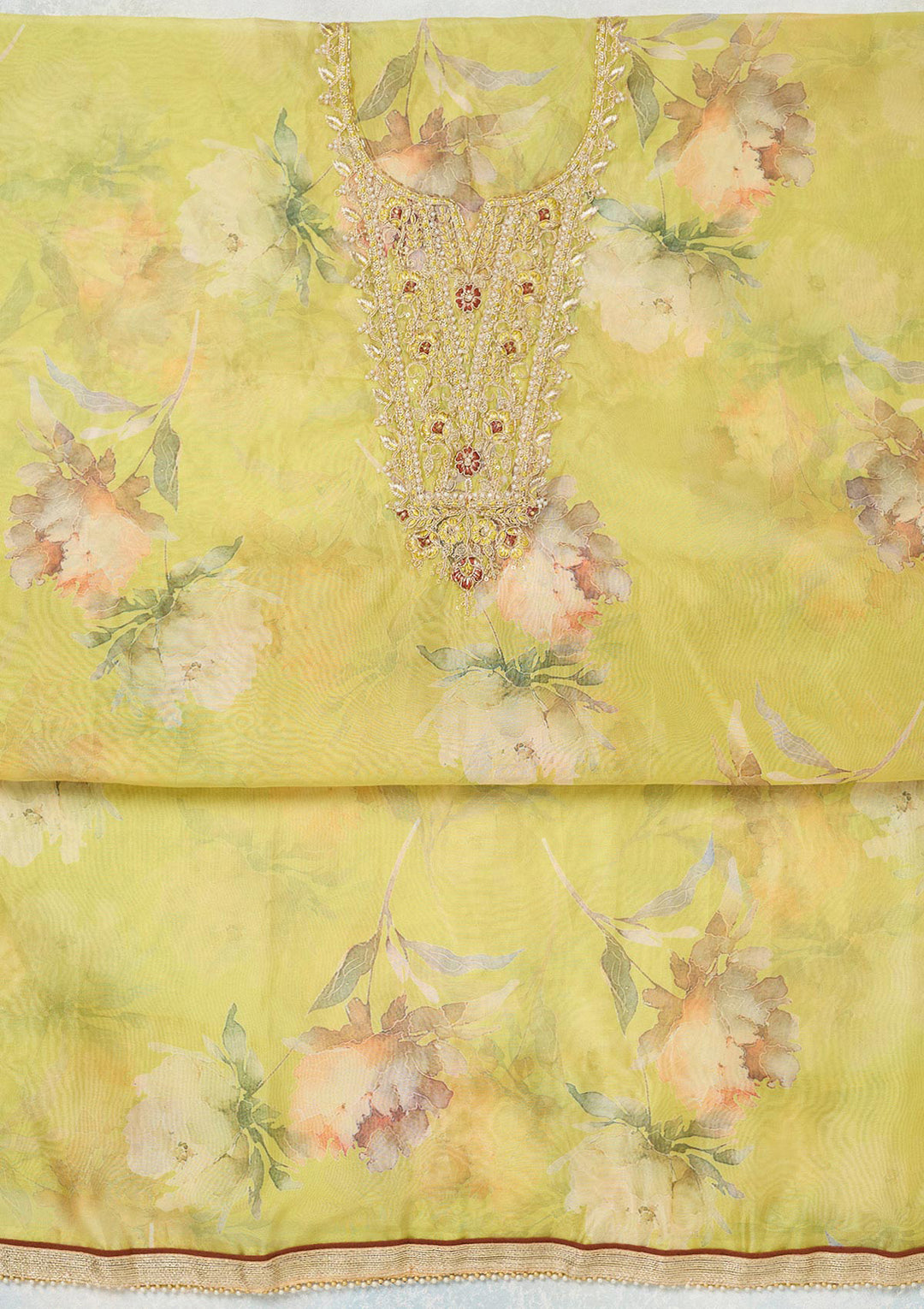 Parrot Green Organza Floral Gold Zariwork Unstitched Dress Material With Matching Bottom And Dupatta