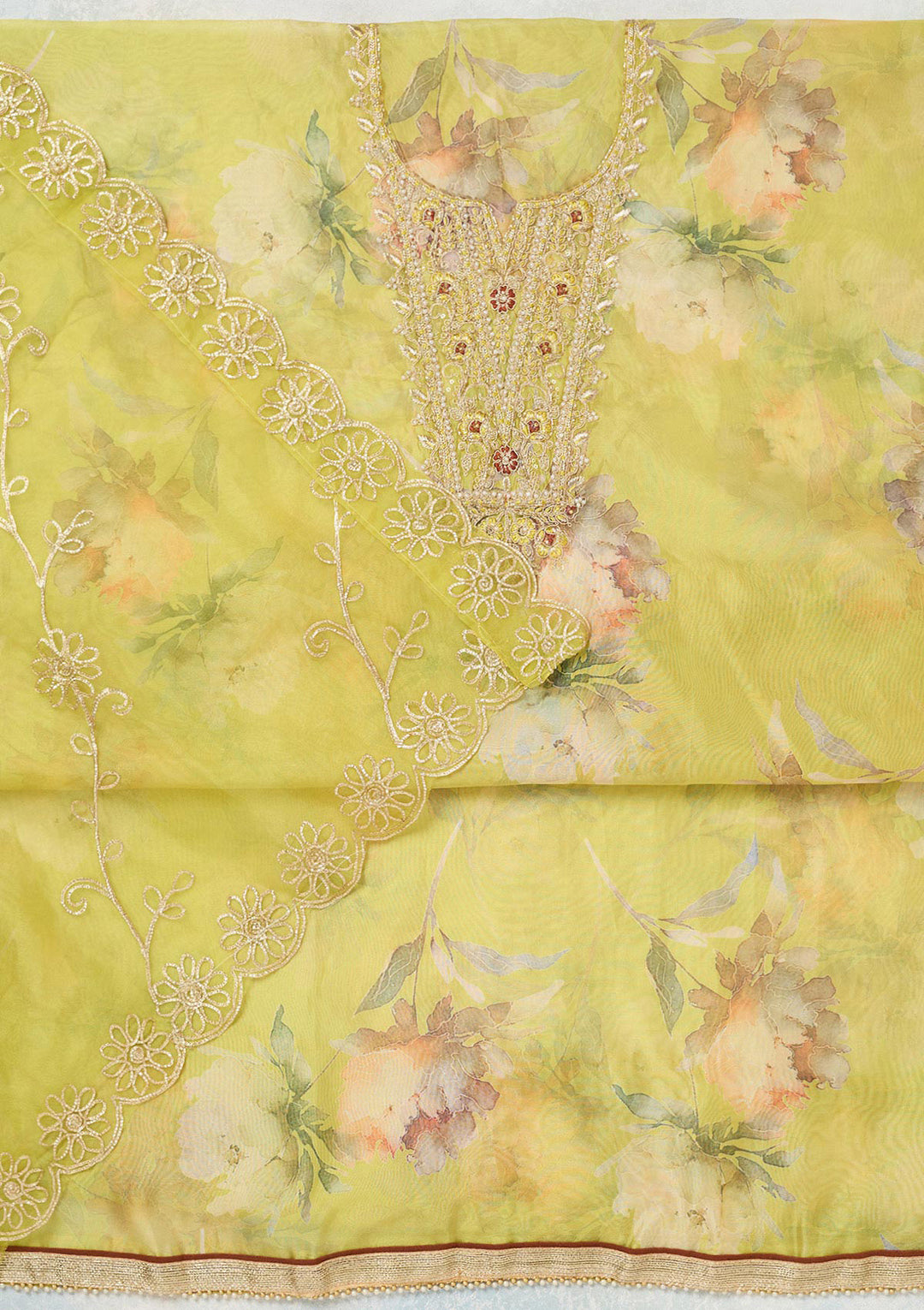 Parrot Green Organza Floral Gold Zariwork Unstitched Dress Material With Matching Bottom And Dupatta