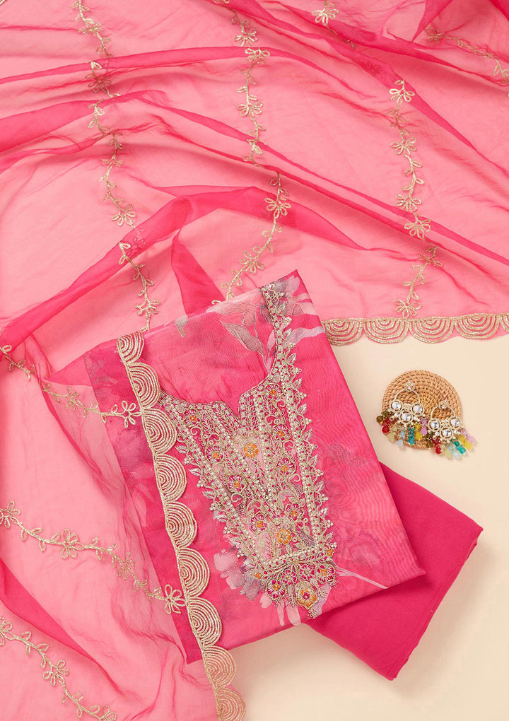 Rani Pink Organza Gold Zariwork Unstitched Dress Material With Matching Bottom And Dupatta