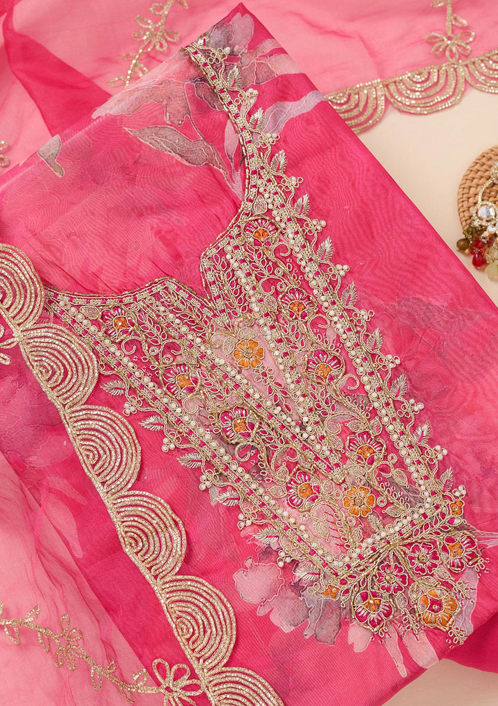 Rani Pink Organza Gold Zariwork Unstitched Dress Material With Matching Bottom And Dupatta