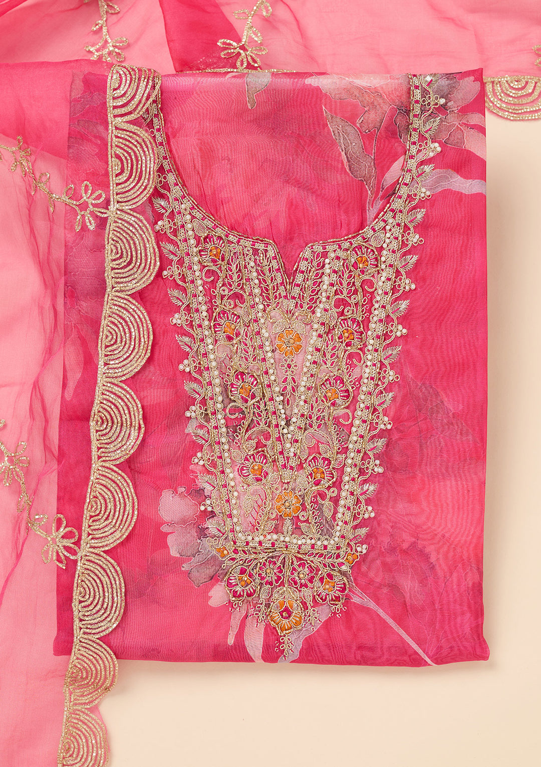 Rani Pink Organza Gold Zariwork Unstitched Dress Material With Matching Bottom And Dupatta