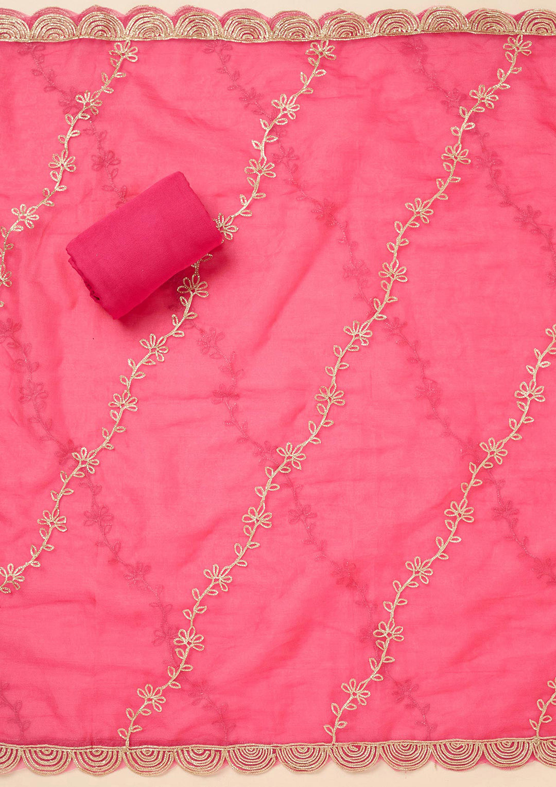 Rani Pink Organza Gold Zariwork Unstitched Dress Material With Matching Bottom And Dupatta