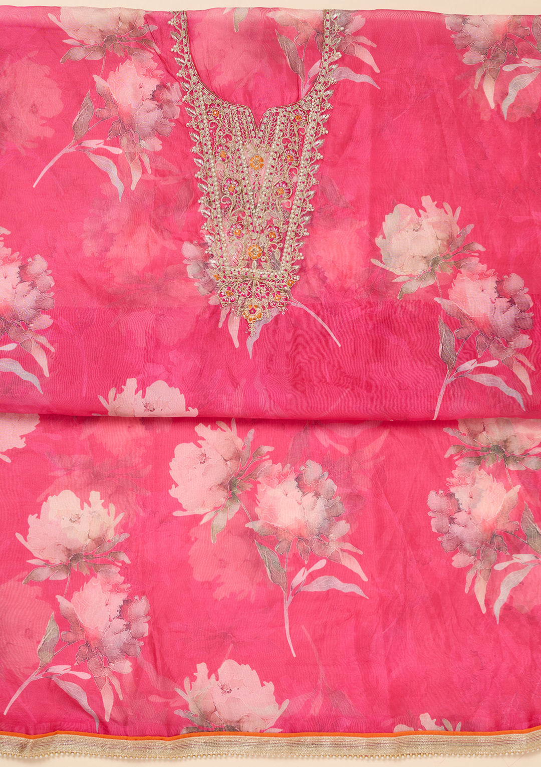 Rani Pink Organza Gold Zariwork Unstitched Dress Material With Matching Bottom And Dupatta