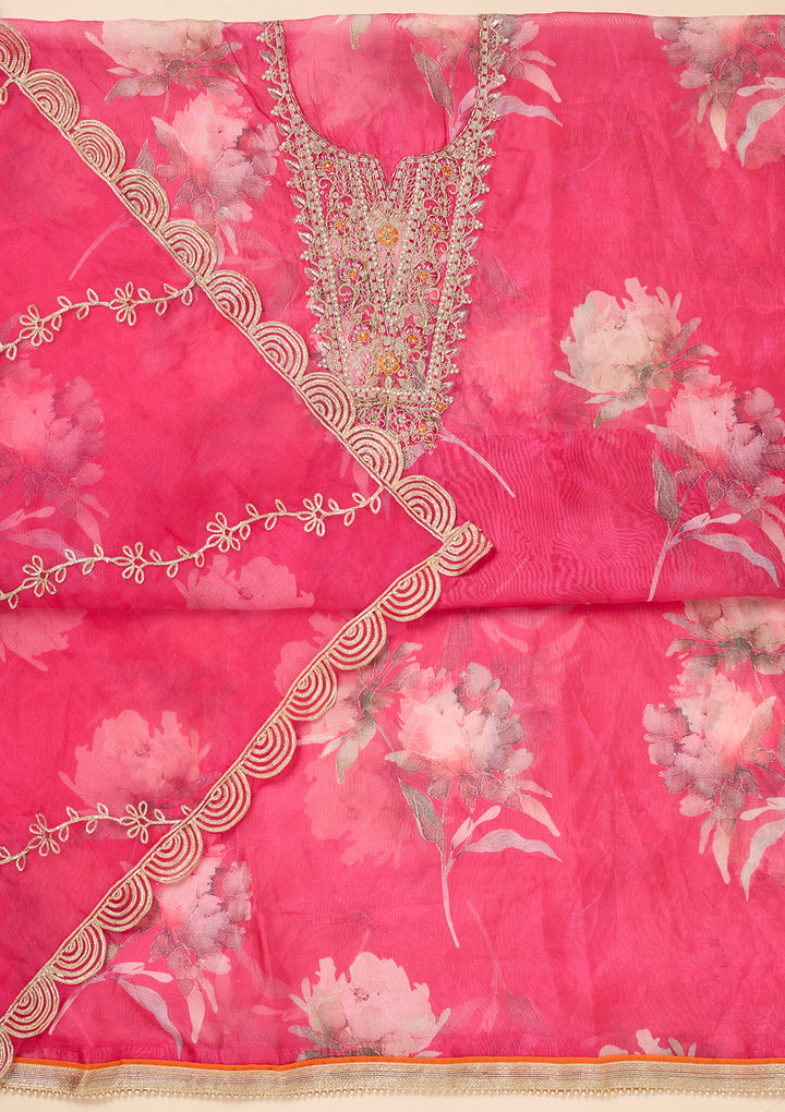 Rani Pink Organza Gold Zariwork Unstitched Dress Material With Matching Bottom And Dupatta