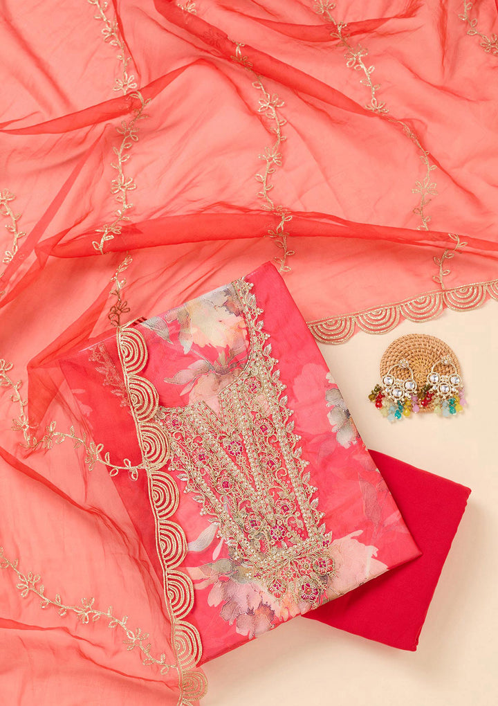 Red Organza Gold Zariwork Unstitched Dress Material With Matching Bottom And Dupatta