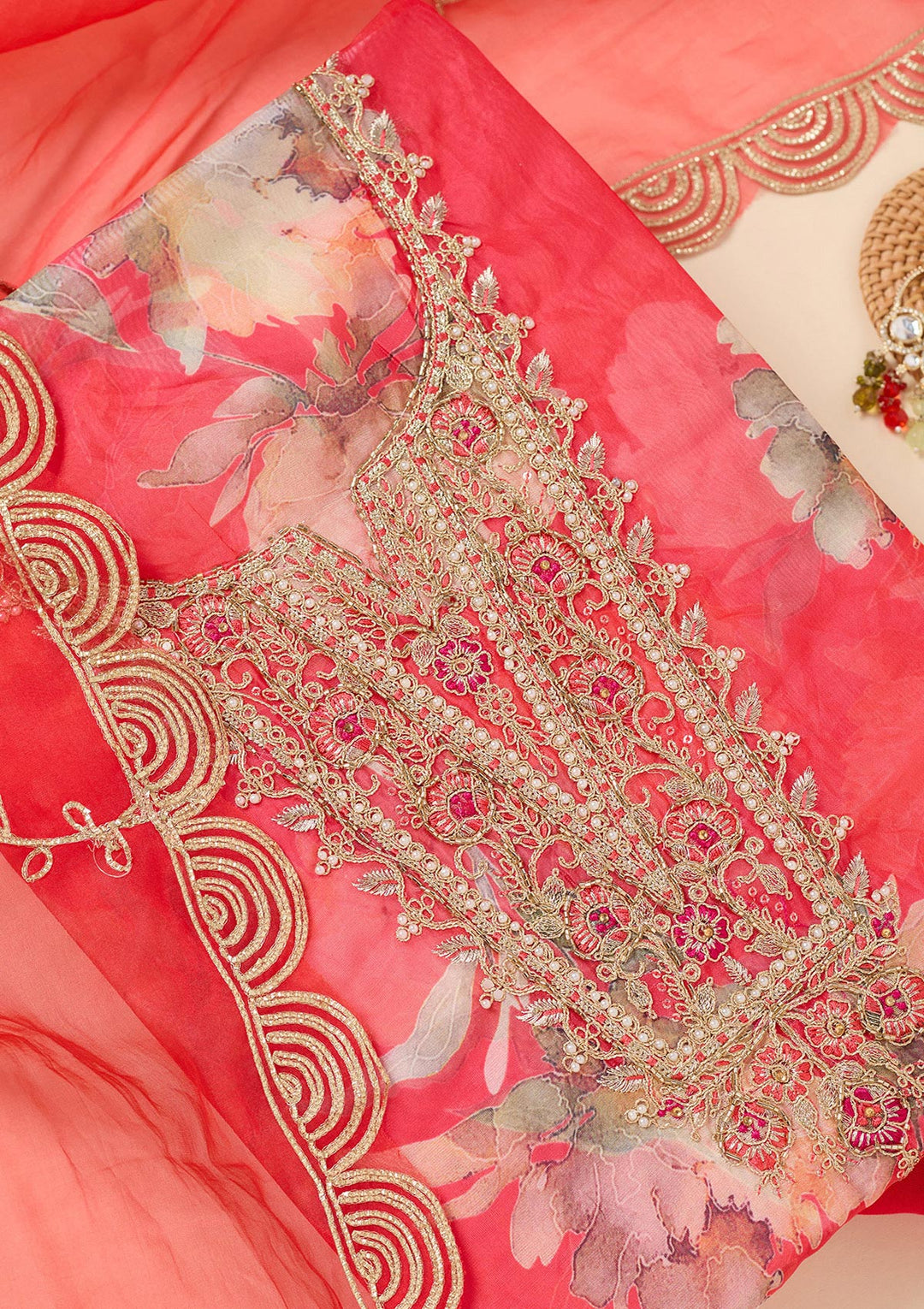 Red Organza Gold Zariwork Unstitched Dress Material With Matching Bottom And Dupatta