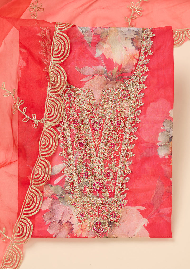 Red Organza Gold Zariwork Unstitched Dress Material With Matching Bottom And Dupatta