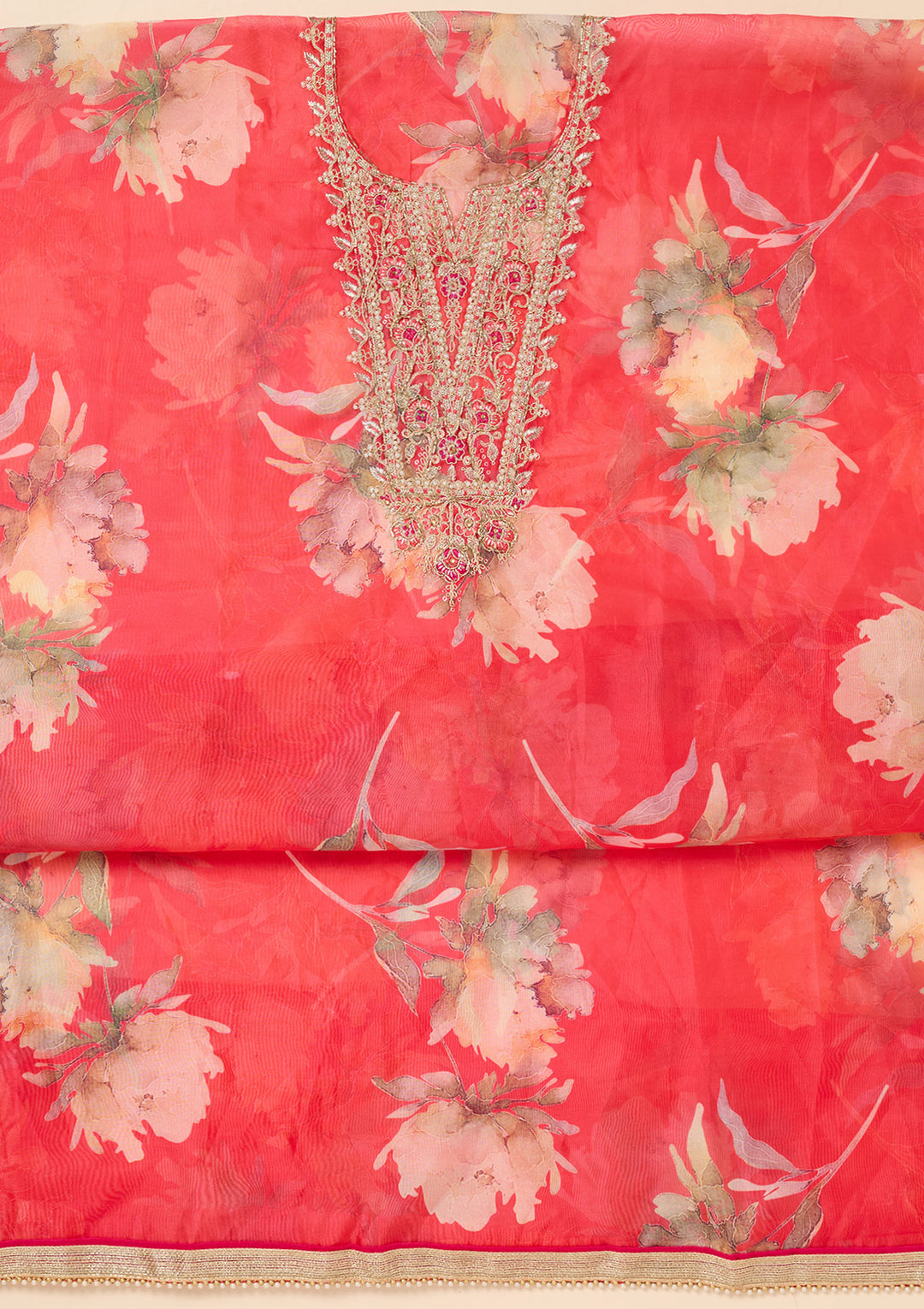 Red Organza Gold Zariwork Unstitched Dress Material With Matching Bottom And Dupatta