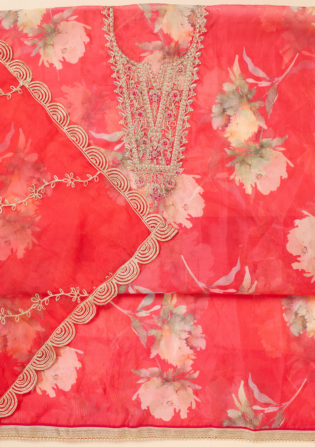 Red Organza Gold Zariwork Unstitched Dress Material With Matching Bottom And Dupatta