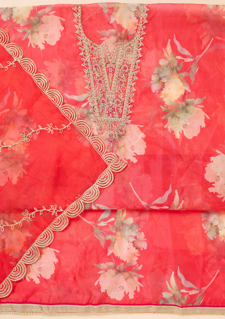 Red Organza Gold Zariwork Unstitched Dress Material With Matching Bottom And Dupatta