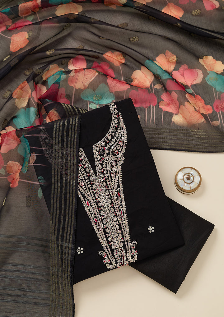 Black Dola Silk Gold Zariwork Unstitched Dress Material With Matching Bottom And Dupatta
