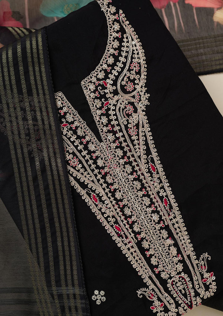 Black Dola Silk Gold Zariwork Unstitched Dress Material With Matching Bottom And Dupatta
