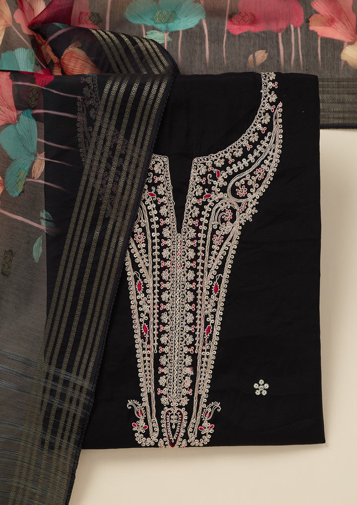 Black Dola Silk Gold Zariwork Unstitched Dress Material With Matching Bottom And Dupatta