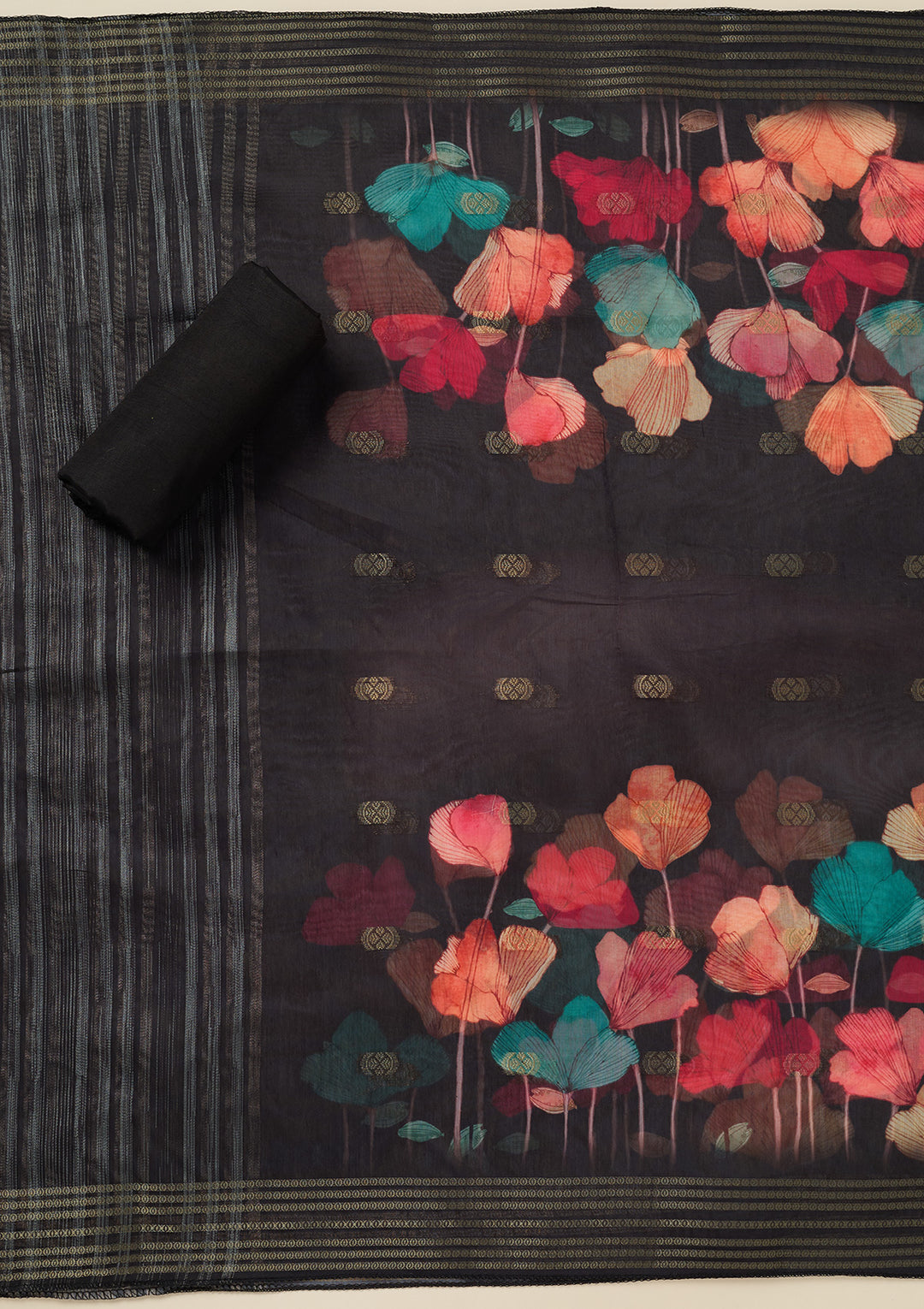 Black Dola Silk Gold Zariwork Unstitched Dress Material With Matching Bottom And Dupatta