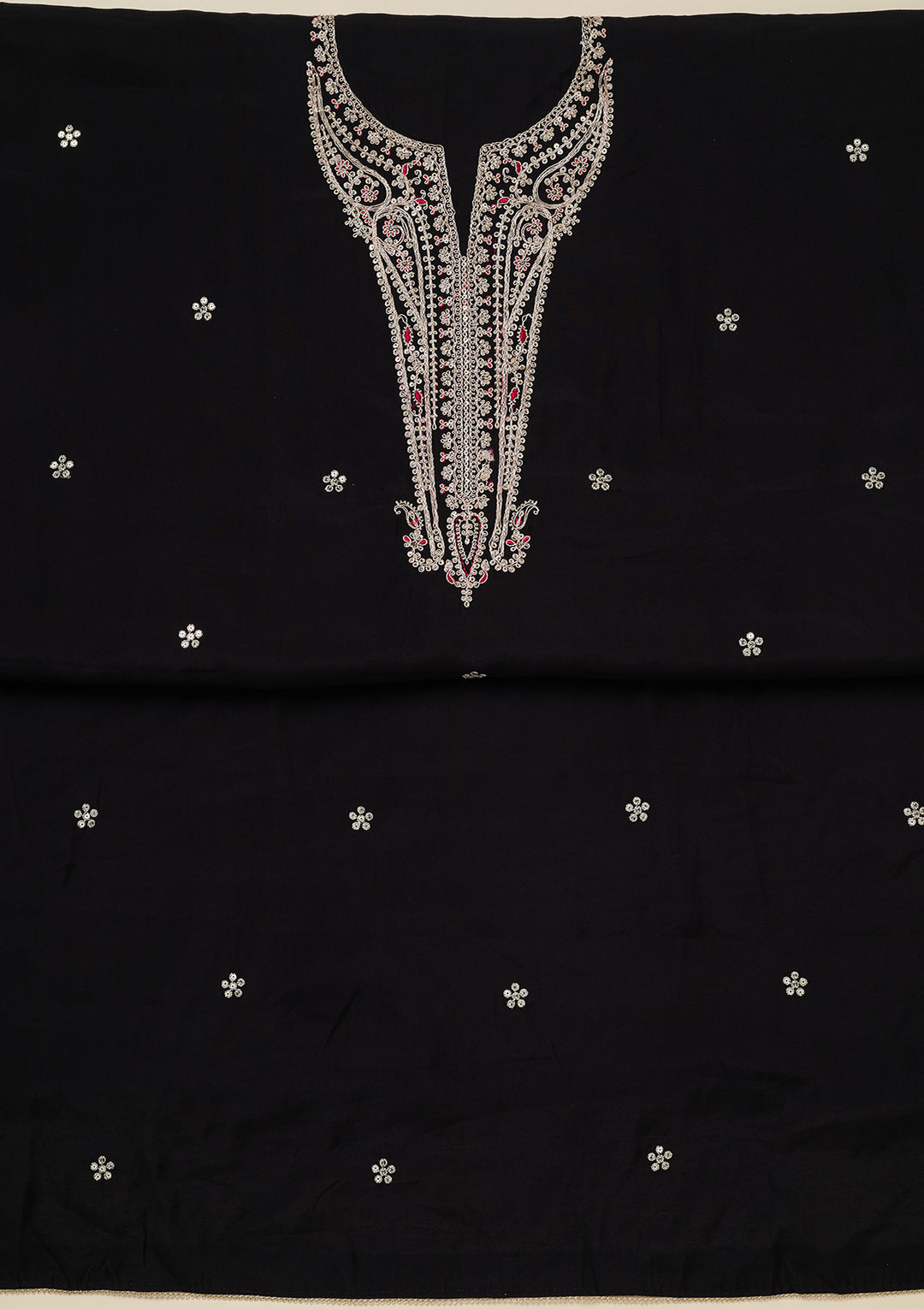 Black Dola Silk Gold Zariwork Unstitched Dress Material With Matching Bottom And Dupatta