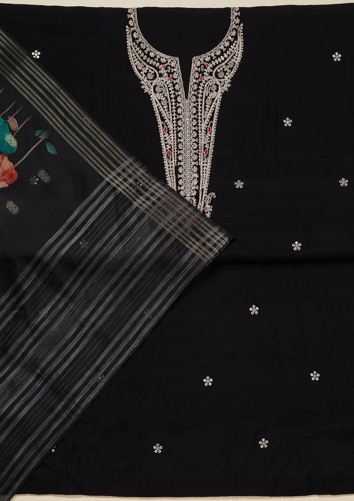 Black Dola Silk Gold Zariwork Unstitched Dress Material With Matching Bottom And Dupatta