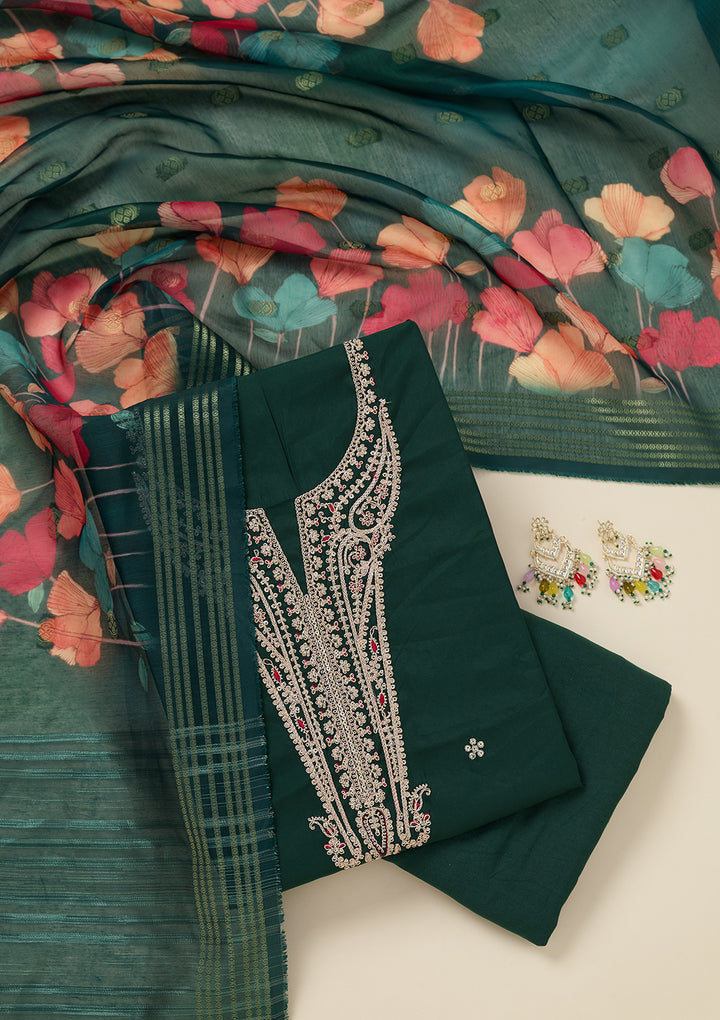 Bottle Green Dola Silk Gold Zariwork Unstitched Dress Material With Matching Bottom And Dupatta