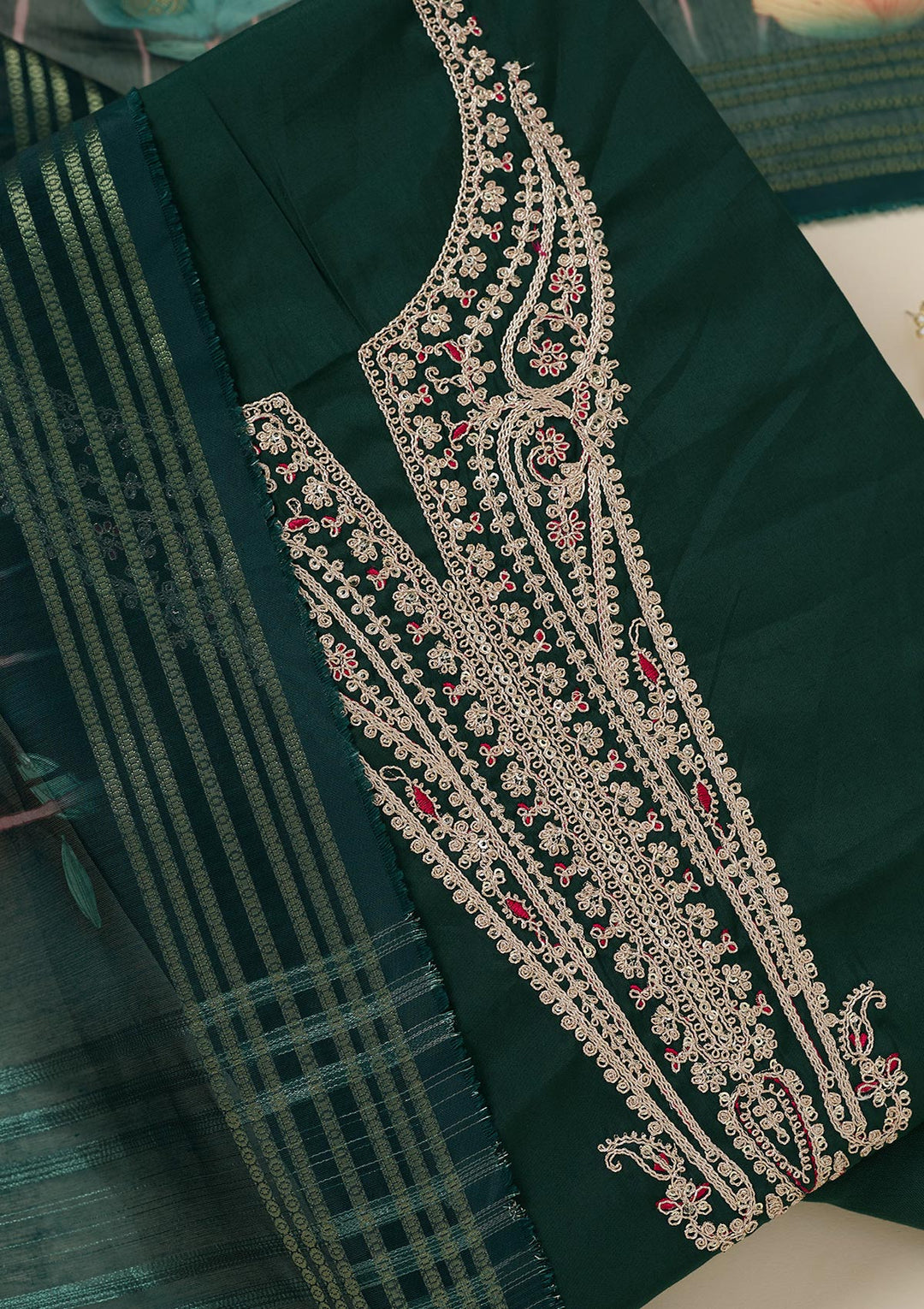 Bottle Green Dola Silk Gold Zariwork Unstitched Dress Material With Matching Bottom And Dupatta